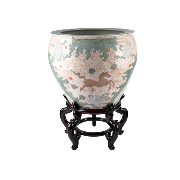 Floral Pot Porcelain  with Wooden Stand