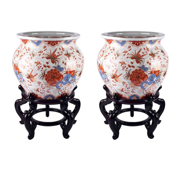 طقم حبتين وعاء زهور خزف بورسلين مع ستاند خشب