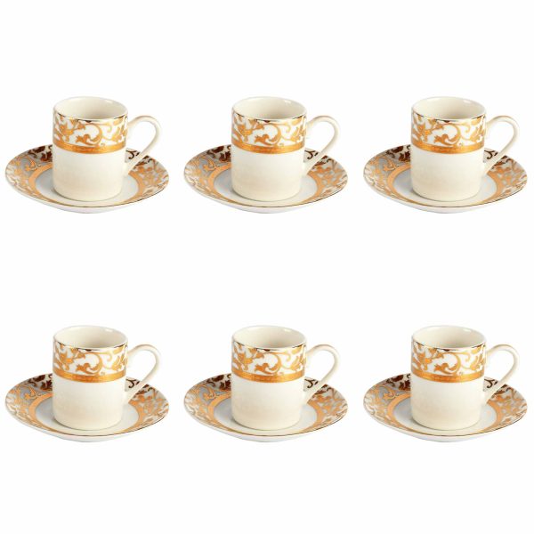 فناجين قهوة تركية بورسلين عدد 6 + 6 صحون لون ذهبي كريمي