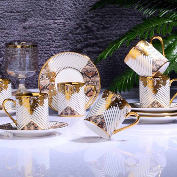 طقم فناجين قهوة تركية 6+6 لون أبيض ذهبي
