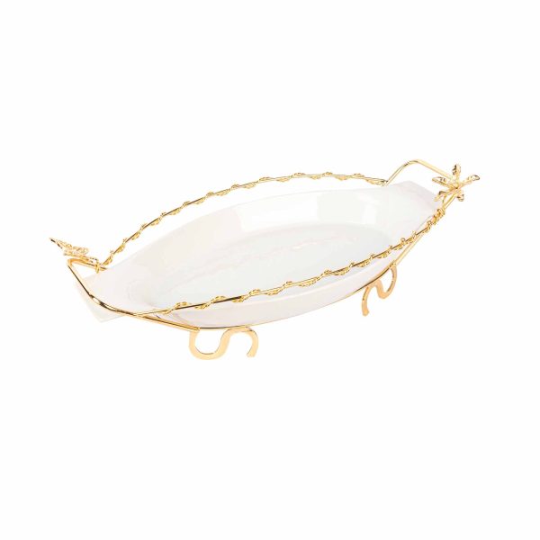 صينية تقديم بورسلين مستطيل بقاعدة لون ذهبي
