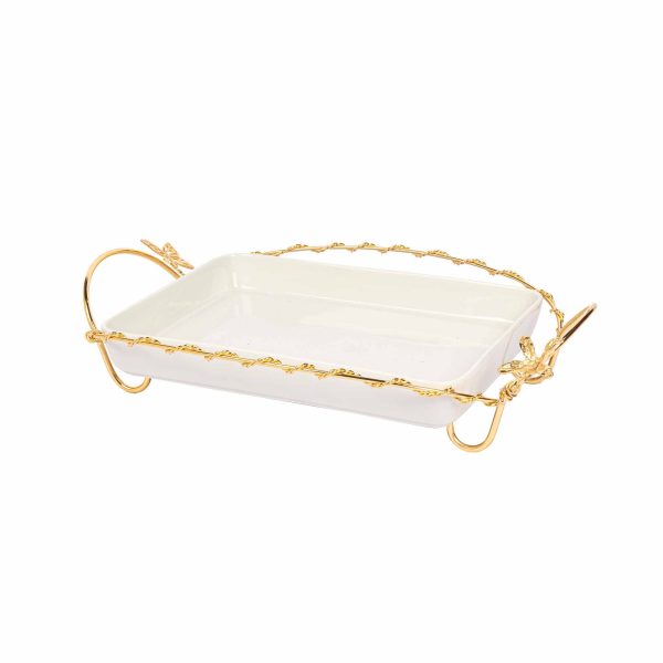 صينية تقديم بورسلين مستطيل بقاعدة لون ذهبي
