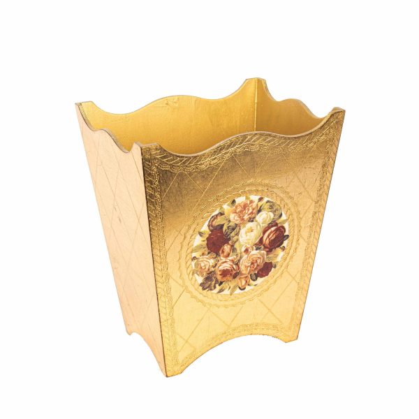 سلة مهملات خشب ايطالي لون ذهبي مع الورد