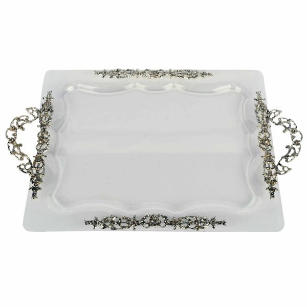 صينية تقديم أكرليك مستطيلة زيك زاك موتيف لون فضي مقاس كبير