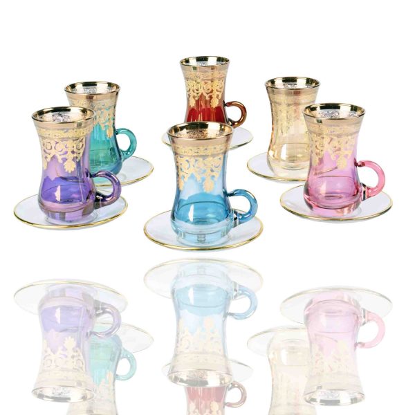 كاسات شاي ايطالي مع تحت الصحن 6+6 قطع لون ذهبي ملون