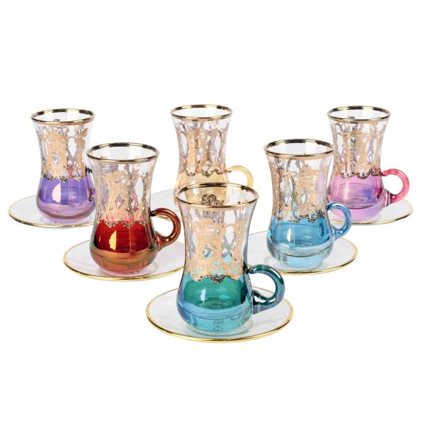 كاسات شاي ايطالي مع تحت الصحن 6+6 قطع لون ذهبي ملون