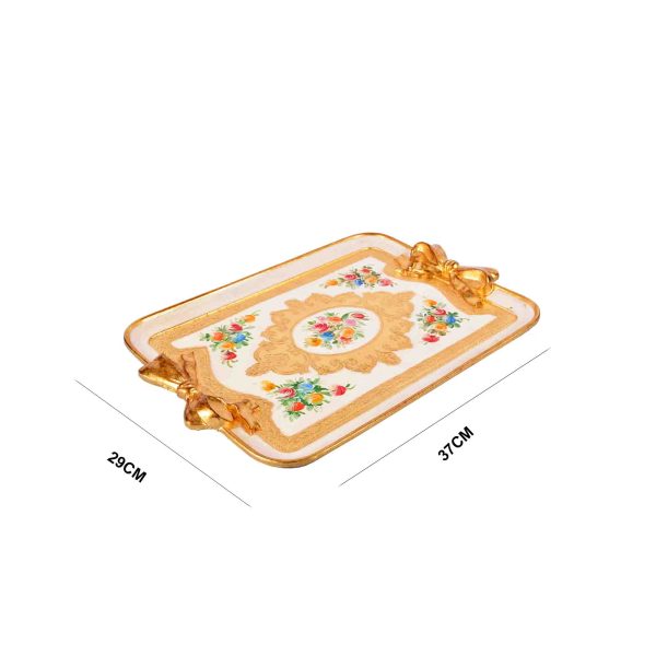 صينية تقديم خشب ايطالي مقاس 37*29 سم لون ذهبي أبيض بالورد