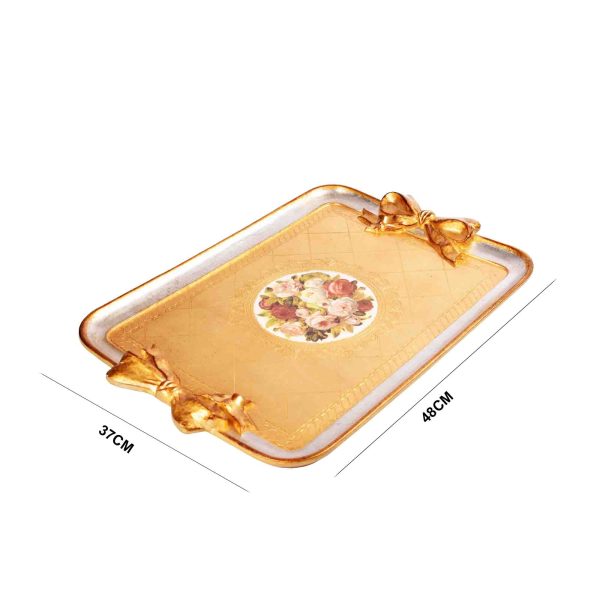 صينية تقديم خشب ايطالي مقاس 48*37سم لون ذهبي فضي بالورد