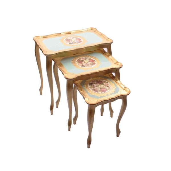 طقم طاولات خشب إيطالي ثلاث قطع لون ذهبي سماوي