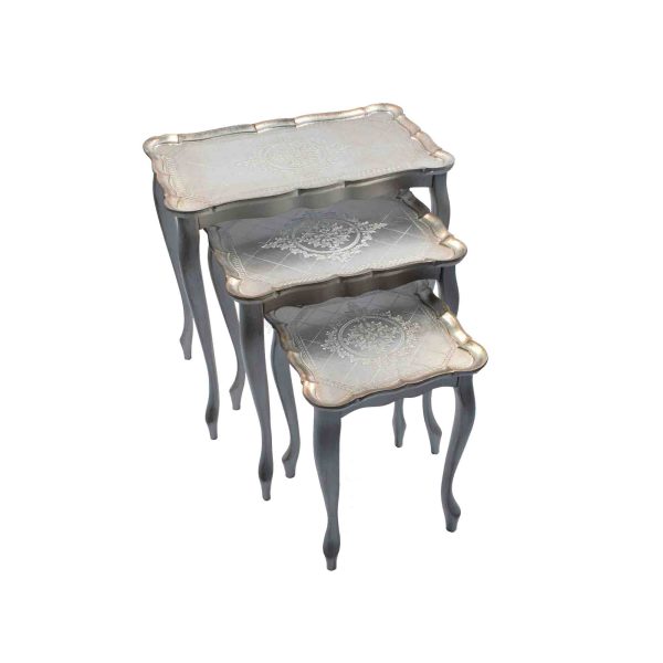 طقم طاولات خشب إيطالي ثلاث قطع لون  فضي